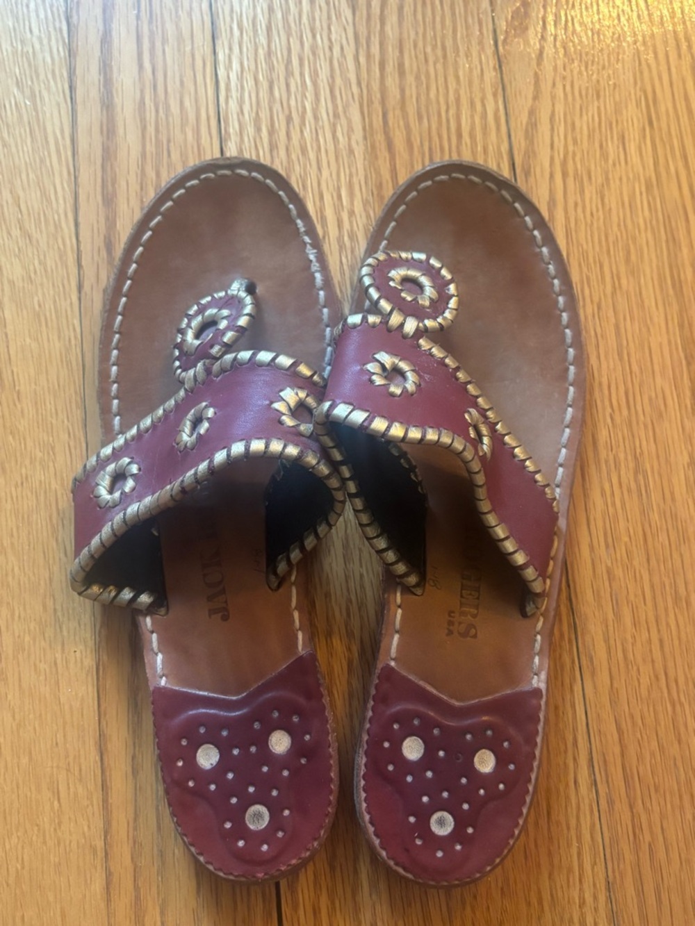 Jack Rogers Burgundy and Tan Leather Slide Sandals